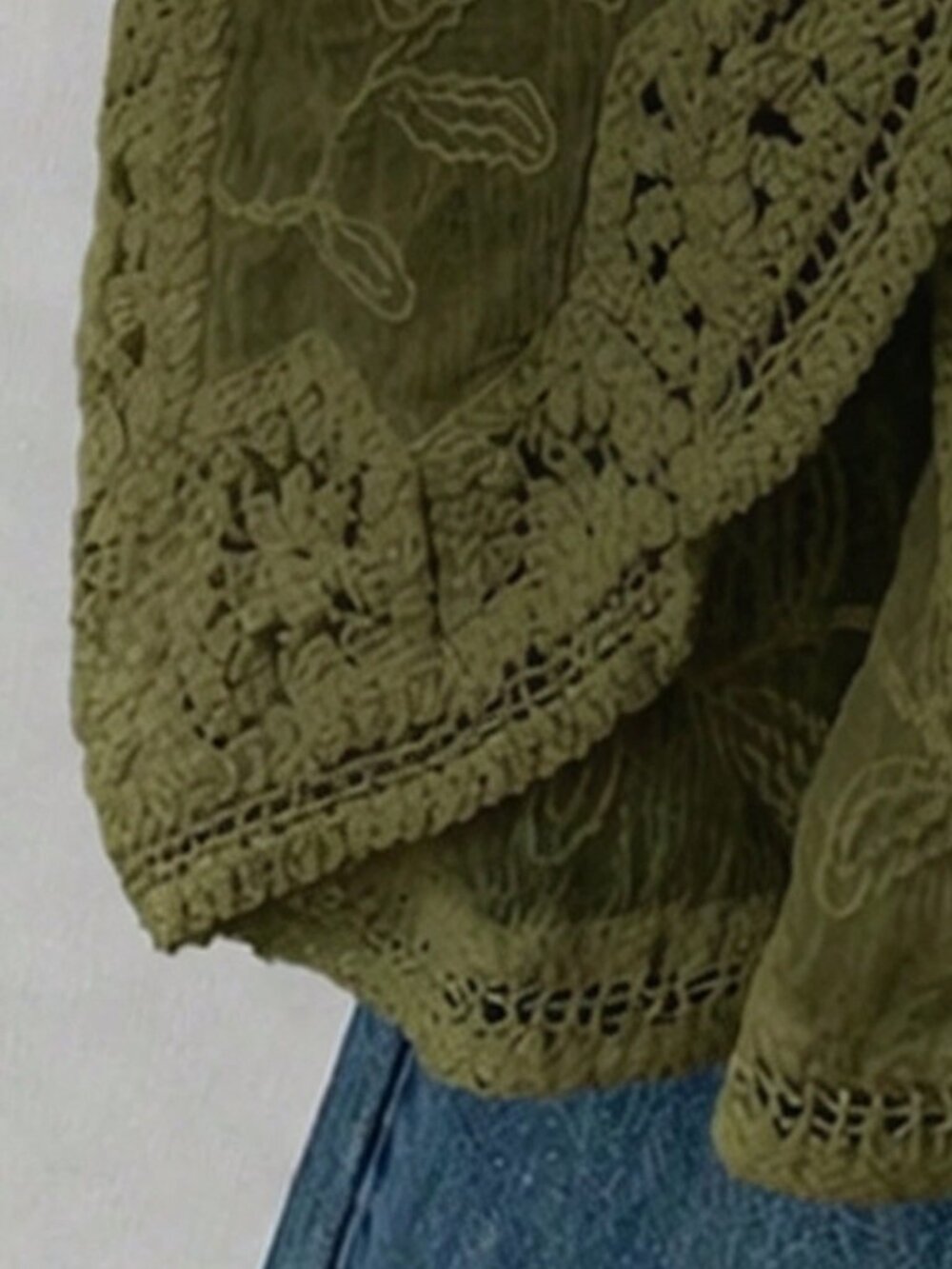 Green Boho Crochet Women's Cardigan with Floral Geometric Lace V-Neck Button-Up - Picture 6 of 7
